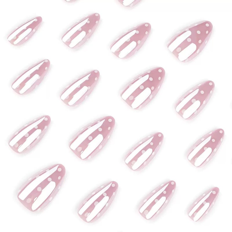 CTTHNBD Short Press on Nails Almond - Chrome Pink Fake Nails with Polka Dot Design - Glossy Full Cover Stick on False Nails for Women 24 Pcs - Image 3